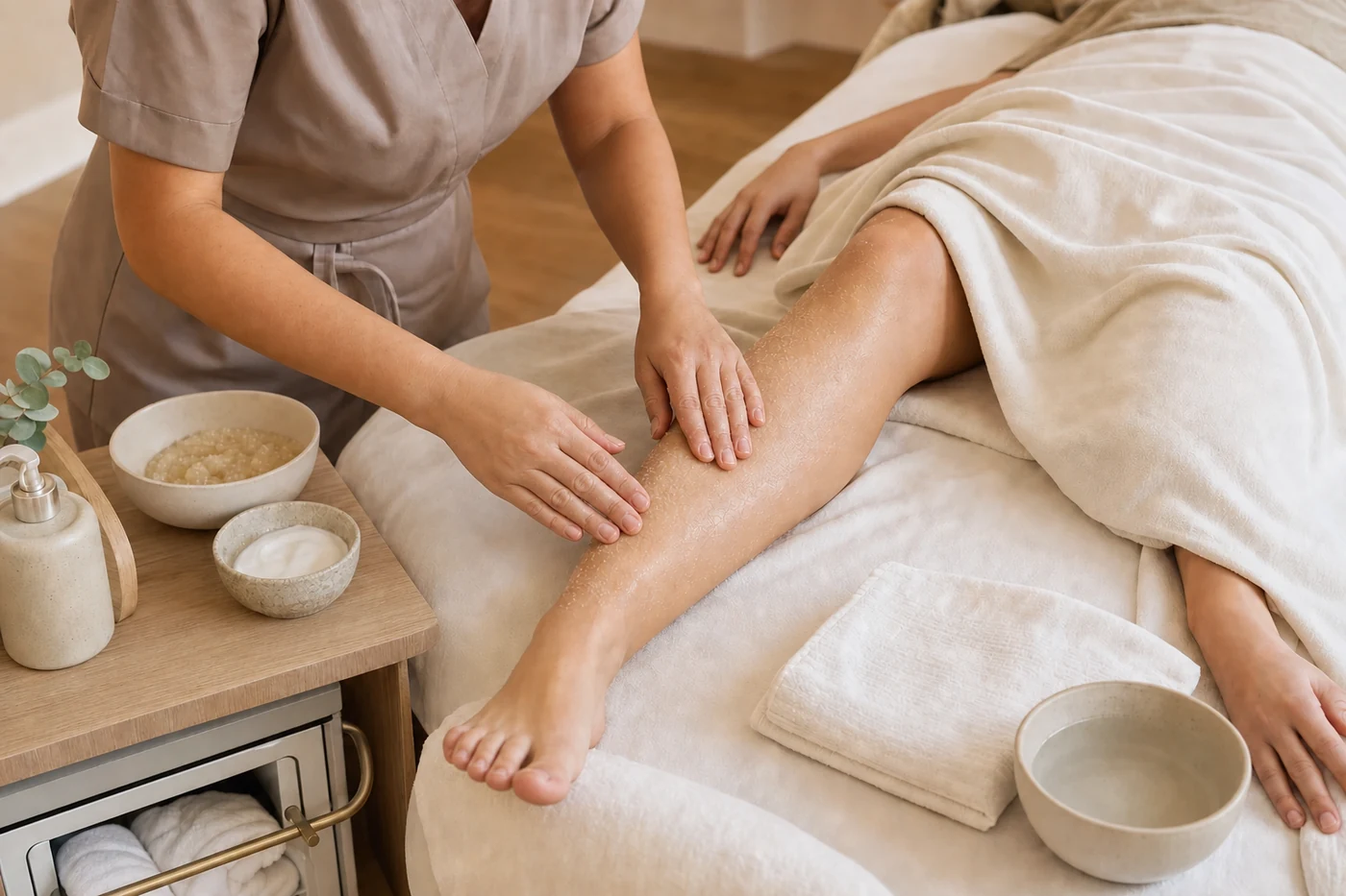 Esthetician applying a sugar-based Body Scrub treatment to a client's lower leg