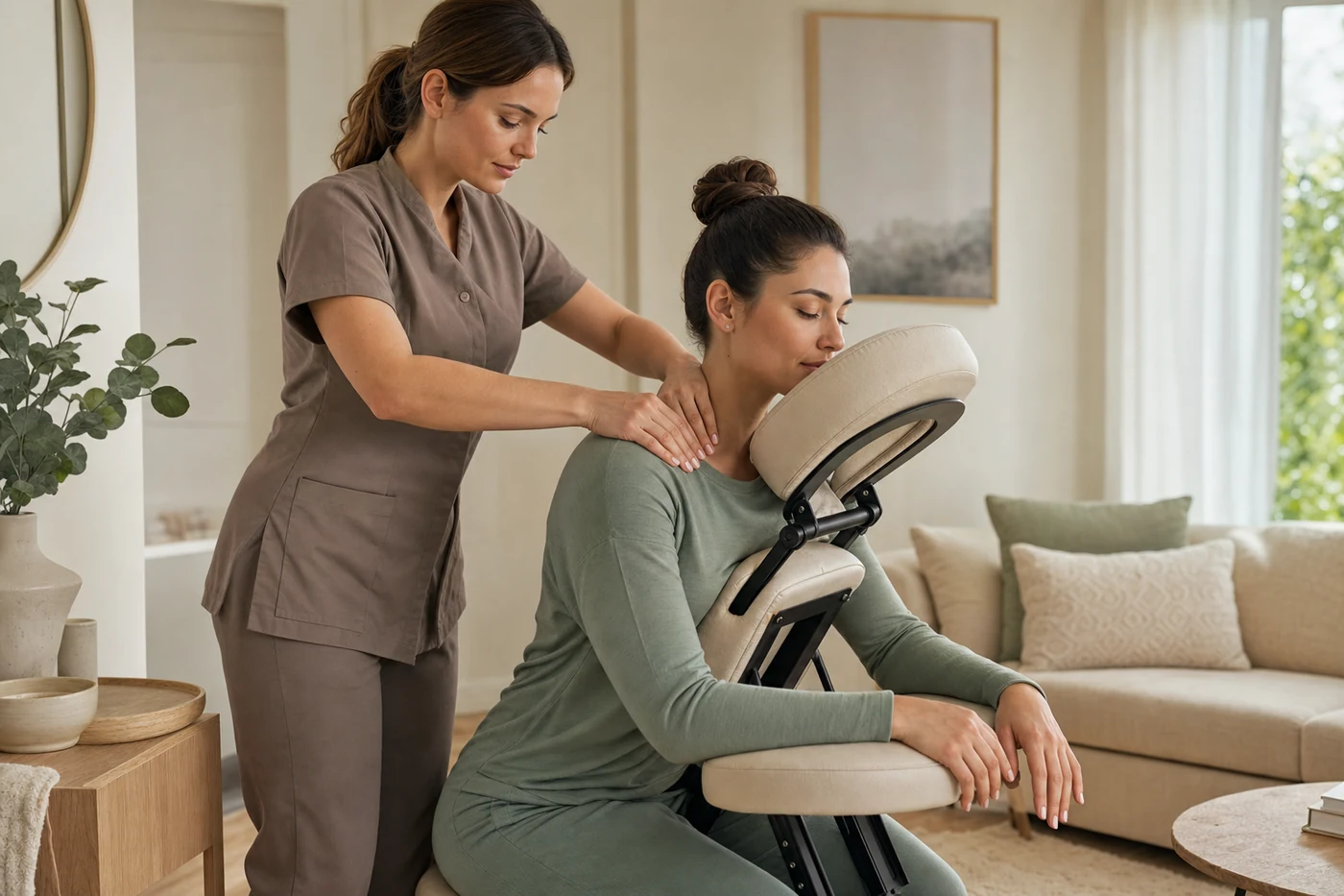 Esthetician providing a seated shoulder and upper-back relaxation massage