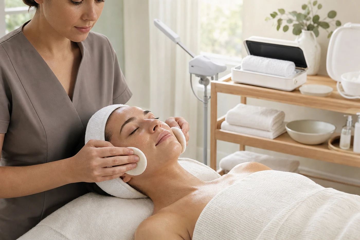 Esthetician removing cleanser with facial sponges during an Express Facial treatment