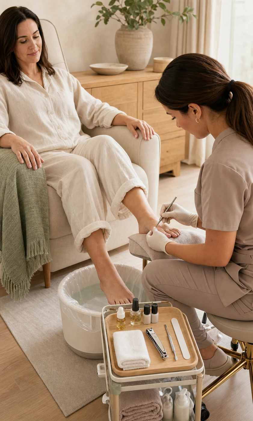 Professional esthetician providing a mobile pedicure with sanitized tools and a lined foot basin